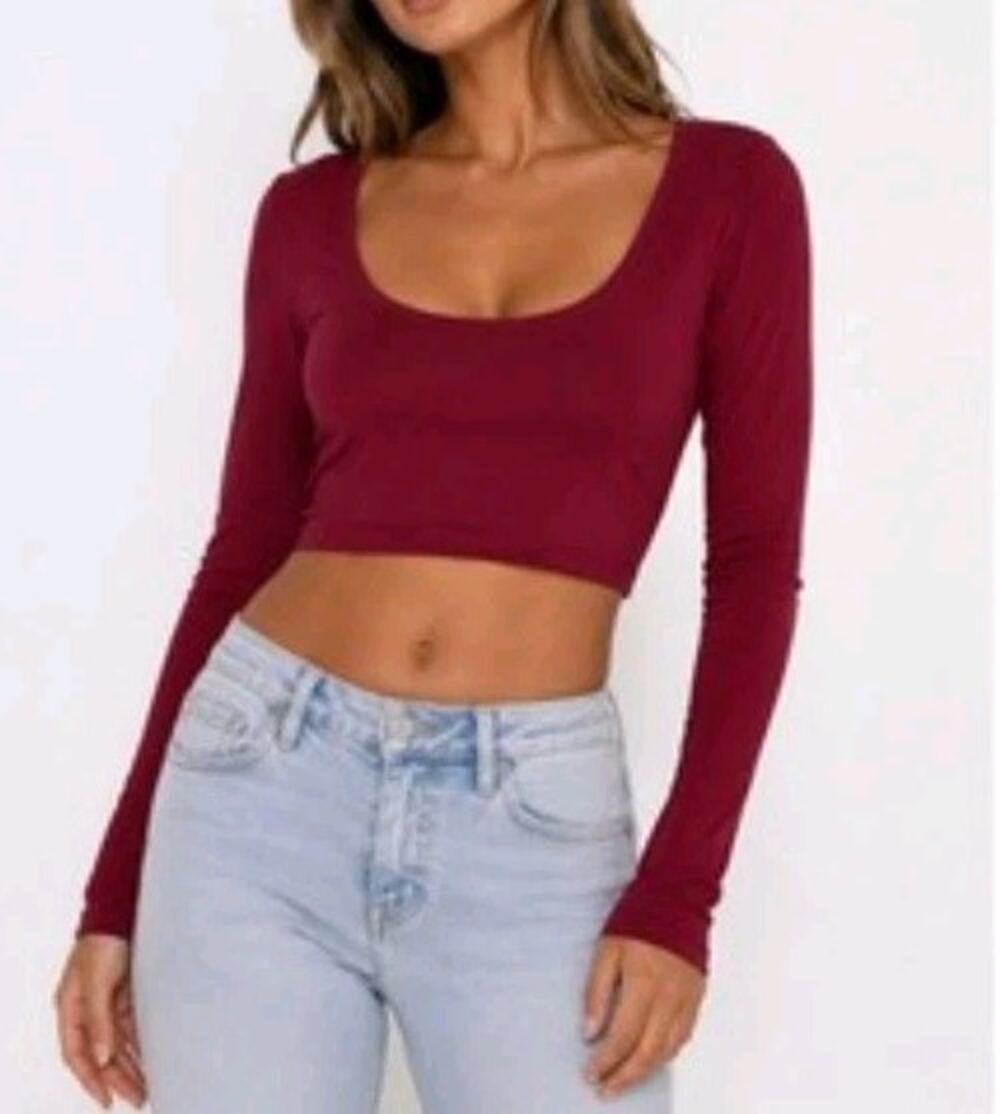 Naked Wardrobe NEW Burgundy Wine Bodycon Long Sleeve Scoop Neck Cropped Top M